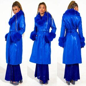 💥SMOCKING HOT!💥Penny Lane Faux Fox Fur Trim Belted Coat in Royal Blue